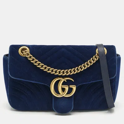 Pre-owned Gucci Blue Matelassé Velvet Small Gg Marmont Shoulder Bag