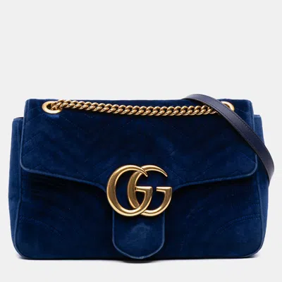 Pre-owned Gucci Blue Medium Gg Marmont Matelasse Velvet Flap Crossbody