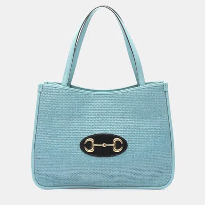 Pre-owned Gucci Blue Medium Straw Horsebit 1955 Tote