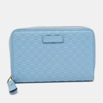 Pre-owned Gucci Blue Microssima Leather Zip Around Wallet