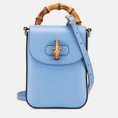 Pre-owned Gucci Blue Mini Calfskin Bamboo Top Handle Bag