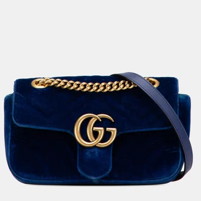 Pre-owned Gucci Blue Mini Gg Marmont Matelasse Velvet Flap Crossbody