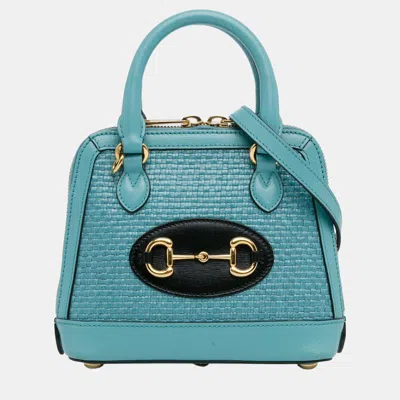 Pre-owned Gucci Blue Mini Raffia Horsebit 1955 Top Handle Bag