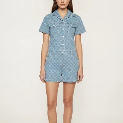 Pre-owned Gucci Blue Monogram Denim Jacquard Buttoned Romper Xs