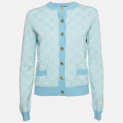 Pre-owned Gucci Blue Monogram Jacquard Cotton And Wool Knit Button Front Cardigan Xs