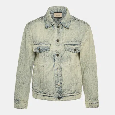 Pre-owned Gucci Blue Monogram Jacquard Denim Button Up Jacket Xs