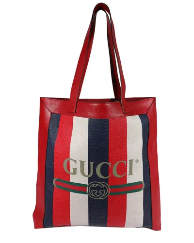 Gucci Blue, Multicolor, Red, White Leather & Fabric Logo Stripe Tote  (authentic Pre-loved)