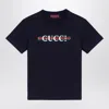 Gucci Blue Navy Cotton T-shirt With Logo Print Women In Blue