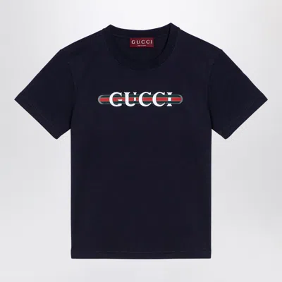 Gucci Blue Navy Cotton T-shirt With Logo Print Women
