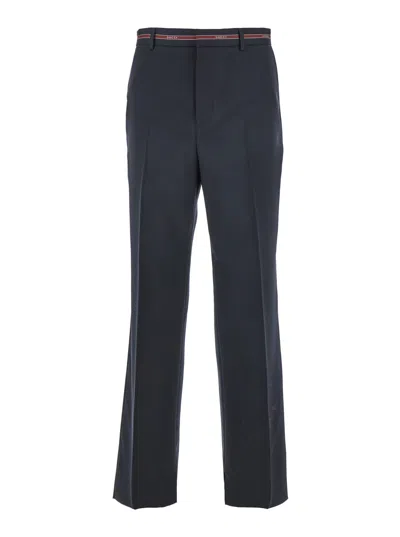 Gucci Blue Pants Wirh Logo Lettering On The Waist In Wool Man