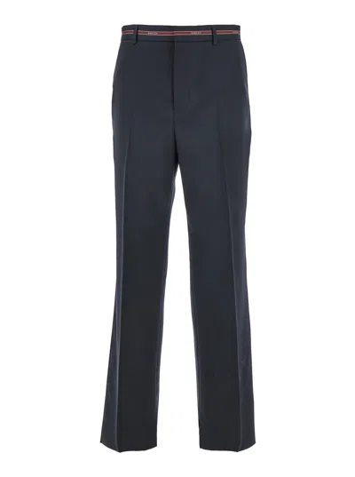 Gucci Blue Pants Wirh Logo Lettering On The Waist In Wool Man