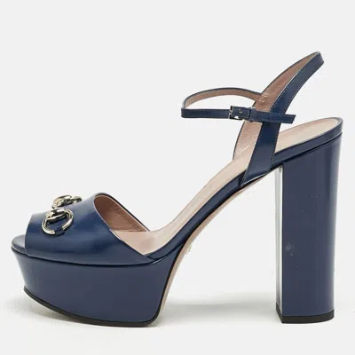 Pre-owned Gucci Blue Patent Leather Claudie Horsebit Platform Ankle Strap Sandals Size 39
