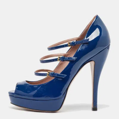 Pre-owned Gucci Blue Patent Leather Lisbeth Pumps Size 37.5