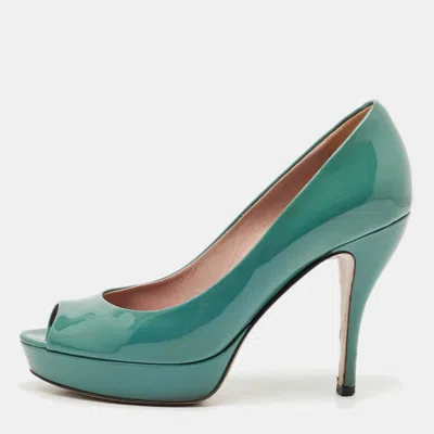 Pre-owned Gucci Blue Patent Leather Platform Peep Toe Pumps Size 36
