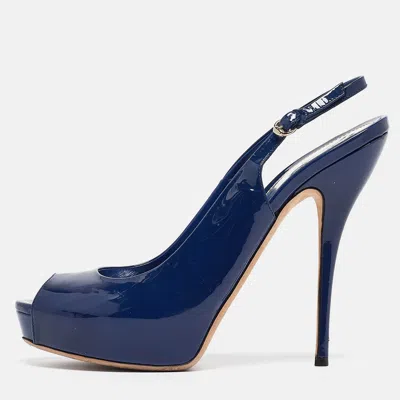 Pre-owned Gucci Blue Patent Sofia Peep Toe Slingback Pumps Size 40.5
