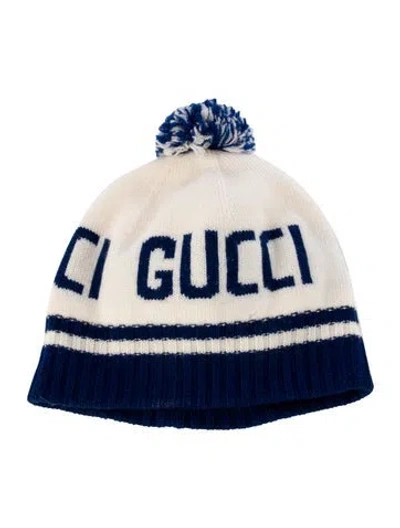Pre-owned Gucci Blue Pattern Print Pom-pom Accent Knitted Beanie