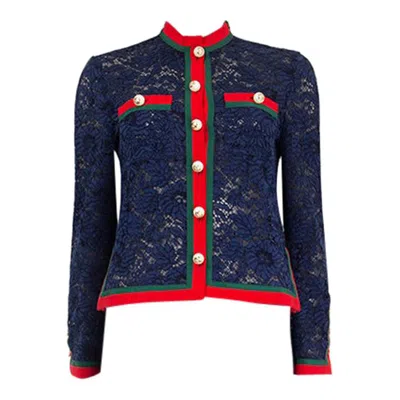Pre-owned Gucci Blue Pearl Embellished Lace Cardigan Sweater 40 S