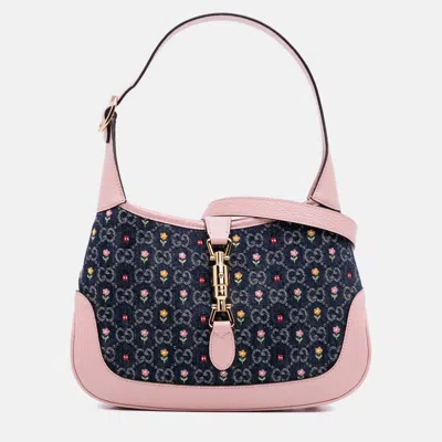 Pre-owned Gucci Blue Pink Limited Edition Small Gg Embroidered Denim Floral Jackie 1961 Crossbody