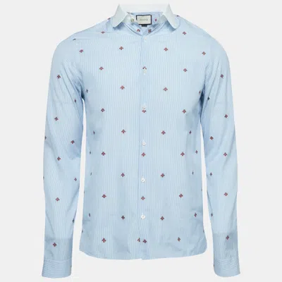 Pre-owned Gucci Blue Pinstripe Bee Embroidered Cotton Cambridge Shirt S