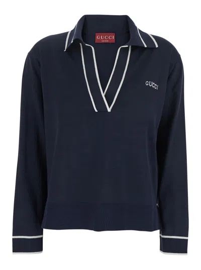 GUCCI GUCCI WOMEN BLUE POLO SHIRT WITH V NECK AND LOGO LETTERING ON THE FRONT IN SILK AND COTTON WOMAN