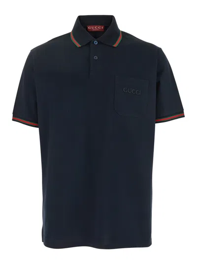 Gucci Blue Polo Shirt With Web Detail And Logo Lettering On The Front In Cotton Stretch Man In Multicolor