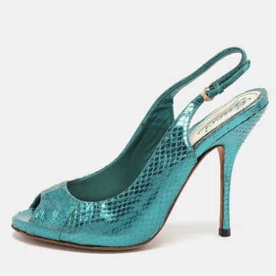 Pre-owned Gucci Blue Python Embossed Leather Sofia Slingback Sandals Size 36
