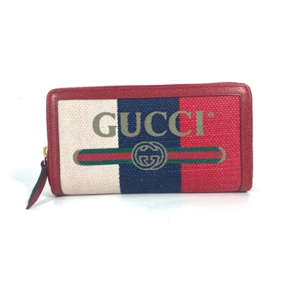 Pre-owned Gucci Blue Red Color White Canvas Leather Long Wallet (bi-fold) ()