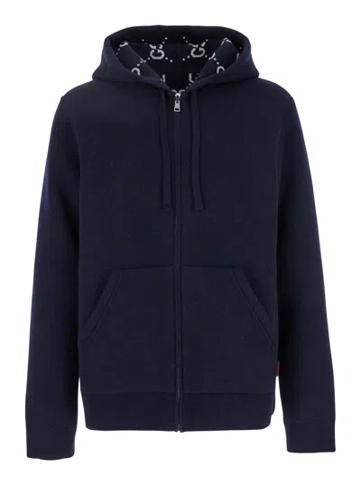 Gucci Blue Reversible Jacket With Hood And Zipper In Wool Man In Multicolor