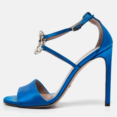 Pre-owned Gucci Blue Satin Crystal Embellished Interlocking G Ankle Strap Sandals Size 39