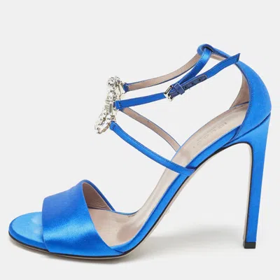 Pre-owned Gucci Blue Satin Interlocking G Crystals Ankle Strap Sandals Size 38.5