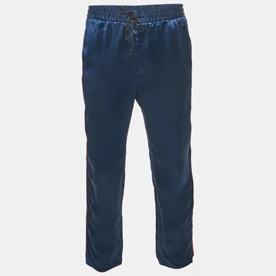 Pre-owned Gucci Blue Satin Web Tape Trimmed Joggers Xl