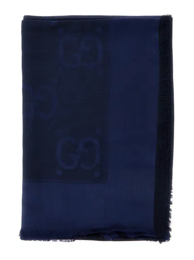 Gucci Blue Scarf With Gg All-over Motif In Wool Woman In Multicolor