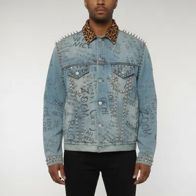 Pre-owned Gucci Blue Scribbled Writing Print Denim Studs Detail Jacket L