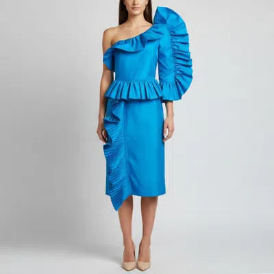 Pre-owned Gucci Blue Sequin Embellished Silk Shantung Ruffled Mini Dress S