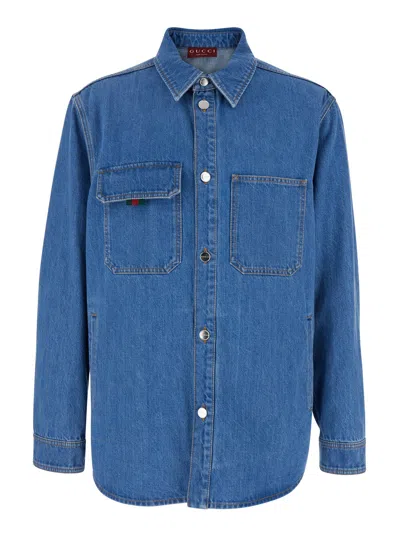 Gucci Blue Shirt With Classic Collar And Web Detail On The Front In Denim Man In Multicolor