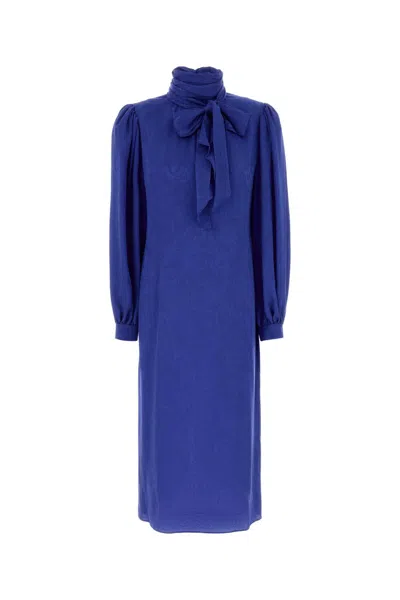 Gucci Silk Dress High Neckline Bow Detail In Blue