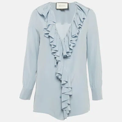 Pre-owned Gucci Blue Silk Ruffled Blouse S