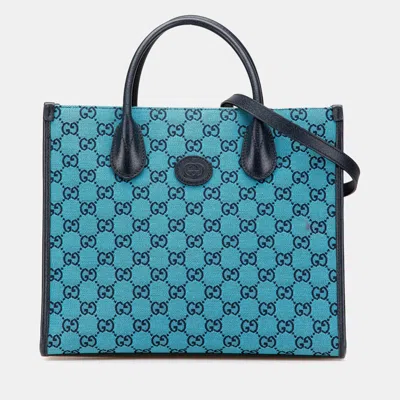 Pre-owned Gucci Blue Small Gg Canvas Interlocking G Tote
