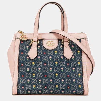 Pre-owned Gucci Blue Small Gg Denim Embroidery Ophidia Satchel
