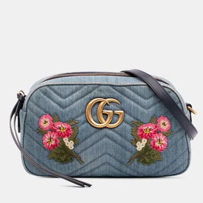 Pre-owned Gucci Blue Small Gg Marmont Embroidered Matelasse Denim Crossbody