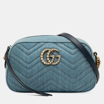 Pre-owned Gucci Blue Small Gg Marmont Matelasse Denim Pearly Crossbody
