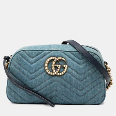 Pre-owned Gucci Blue Small Gg Marmont Matelasse Denim Pearly Crossbody