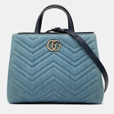 Pre-owned Gucci Blue Small Gg Marmont Matelasse Denim Pearly Satchel
