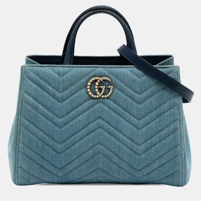 Pre-owned Gucci Blue Small Gg Marmont Matelasse Denim Pearly Satchel