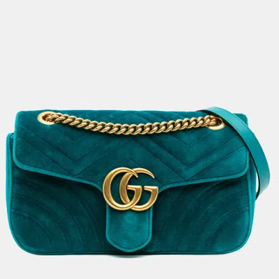 Pre-owned Gucci Blue Small Gg Marmont Matelasse Velvet Flap Crossbody Bag