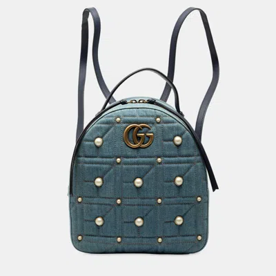 Pre-owned Gucci Blue Small Gg Marmont Pearl Studded Matelasse Denim Backpack