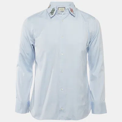 Pre-owned Gucci Blue Snake Embroidered Collar Cotton Duke Shirt S