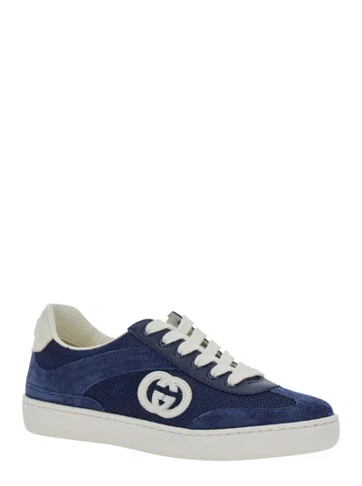Gucci Kids' Blue Sneaker With Gg Cross On The Side And Back In Suede And Fabric Boy