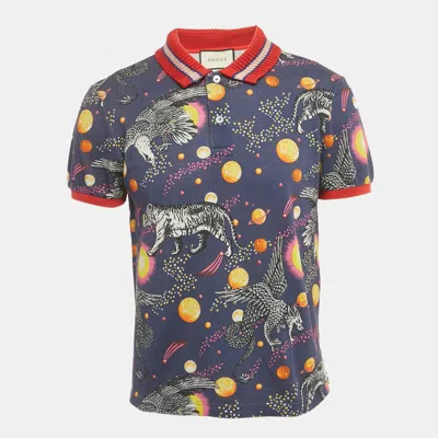 Pre-owned Gucci Blue Space Print Pique Rib Collar Polo T-shirt M