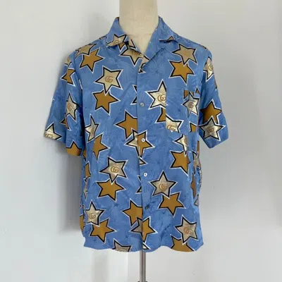 Pre-owned Gucci Blue Star Print Brocade Men's Button Up Shirt